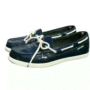 Cole Haan Nantucket Camp Moc Navy Blue Patent Leather Boat Shoes Women's Size 6B